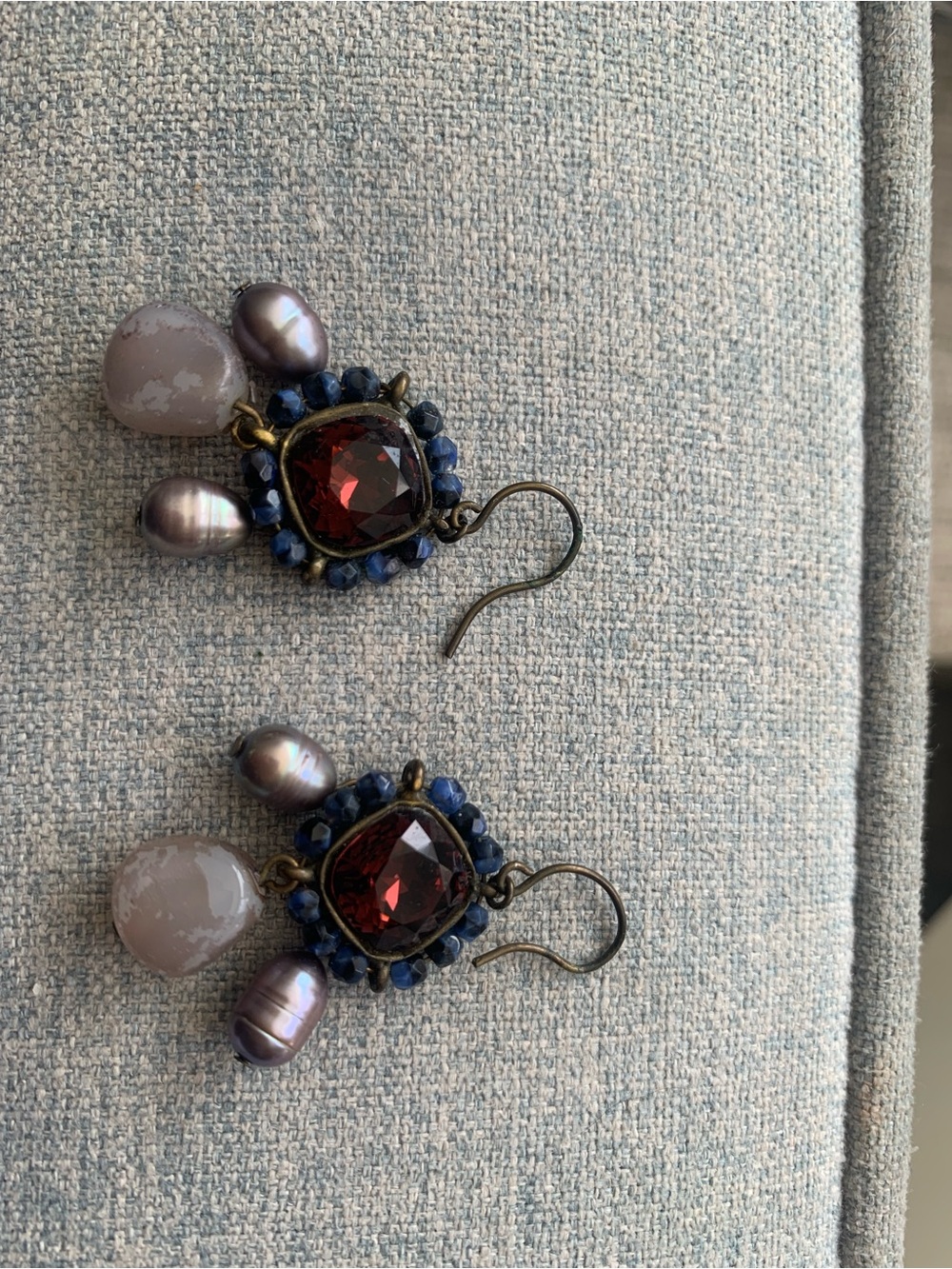 Vintage Gerard Yosca Dangle Earrings with Wine-Colored Gems and Lavender Pearls